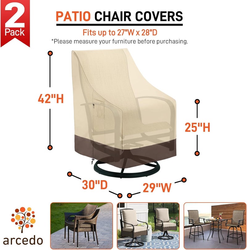 Arcedo Outdoor High Back Chair Covers Waterproof, Heavy Duty Stackable Dining Swivel Chair Covers, All Weather Resistant Patio Furniture Cover, 29”W x 30”D x 42”H, 2 Pack, Beige & Brown - Image 2